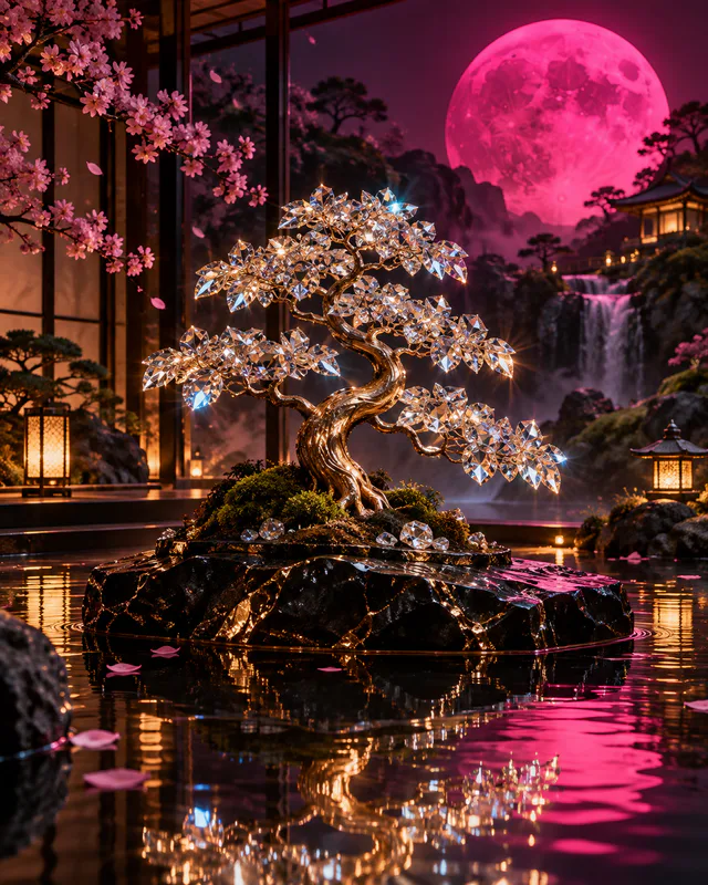 Bonsai tree with crystalline leaves under magenta moonlight
