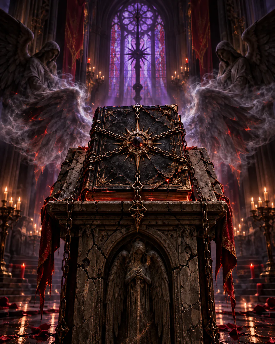 Chained black grimoire on a cathedral lectern with smoky wings