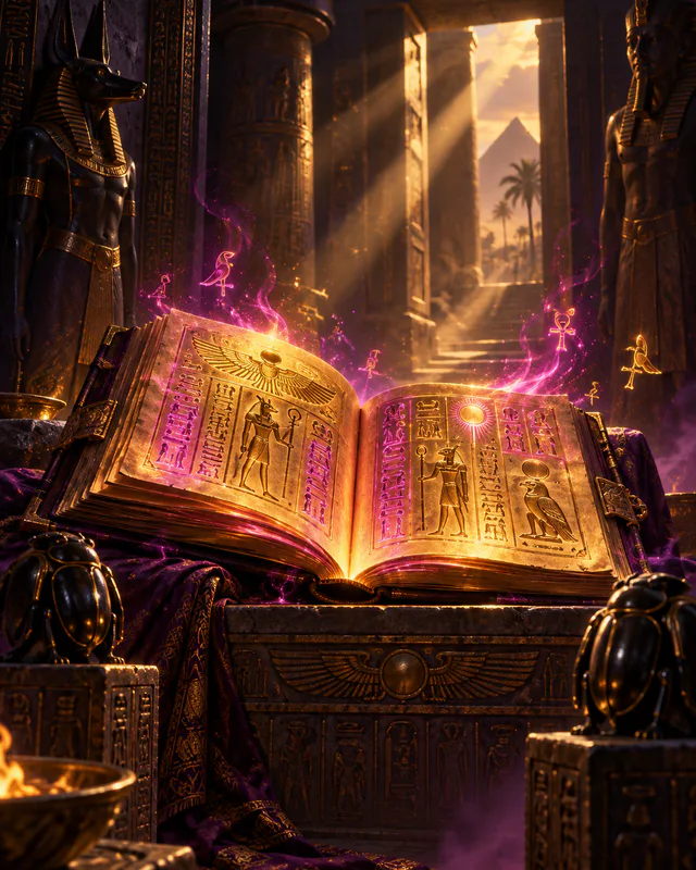 Ancient book glowing with gold and magenta light in a dark temple