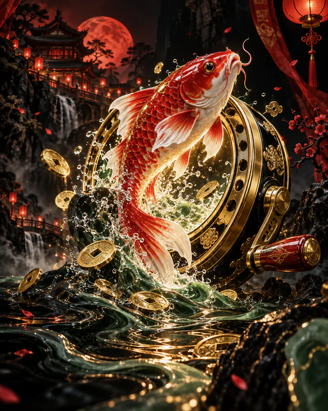 Red fortune koi leaping through a golden fishing reel portal