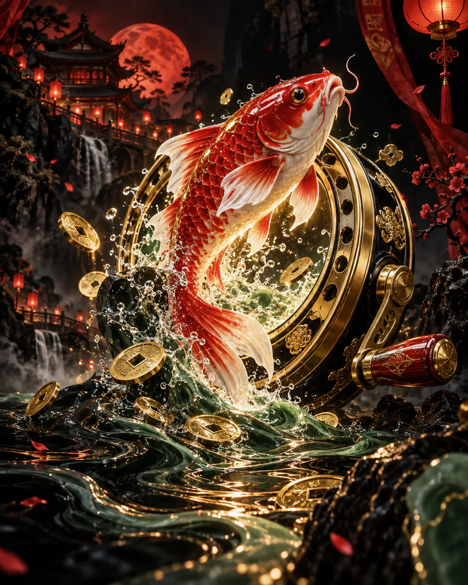 Red fortune koi leaping through a golden fishing reel portal