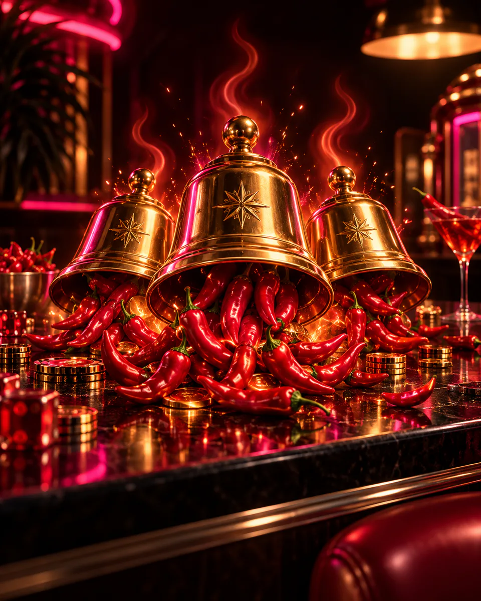 Brass casino bells overflowing with scarlet chillies and sparks