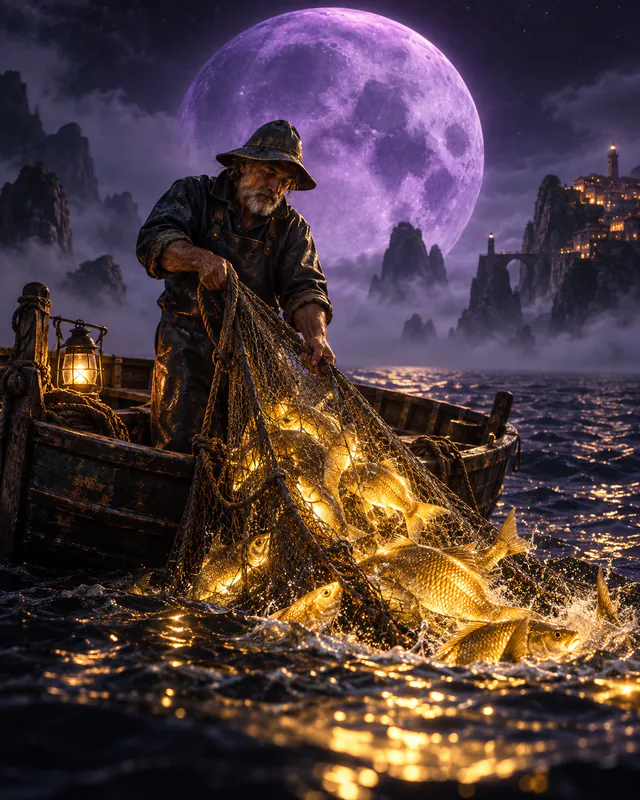 Fisherman hauling glowing fish beneath a violet moon