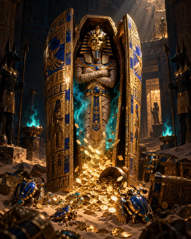 Gold and lapis sarcophagus opening in a hidden jewel vault