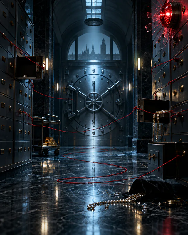 Icy bank vault corridor with red thread and shattered alarm light